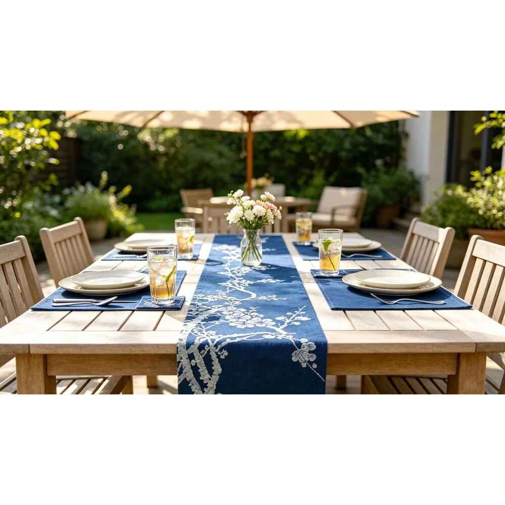 Handmade Indigo Batik Table Linen Set– Plum Blossom Runner, Placemats & Coasters